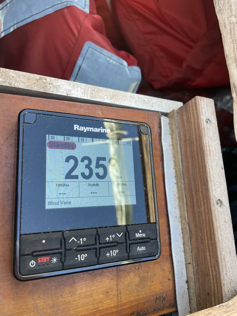 Slide: The Image of Raymarine navigation display on 1968 LeComte Northeast 38 sailboat, showing heading 235 degrees. - 36