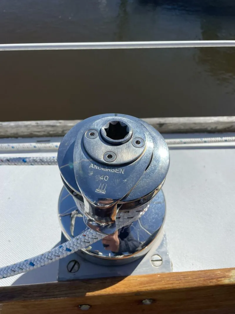 Slide: The Image of Close-up of a winch on a 1968 LeComte Northeast 38 sailboat. - 37