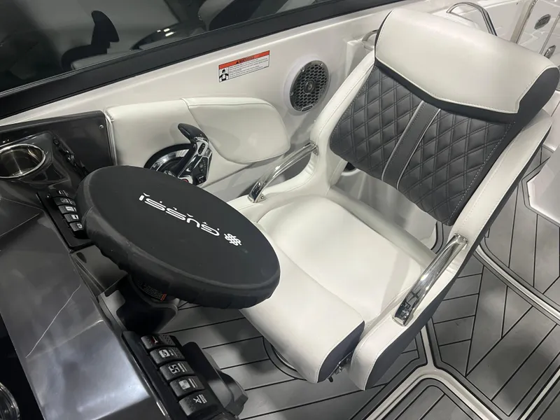 Slide: The Image of 2024 Monterey M4 boat interior with luxury seating and modern steering wheel. - 6