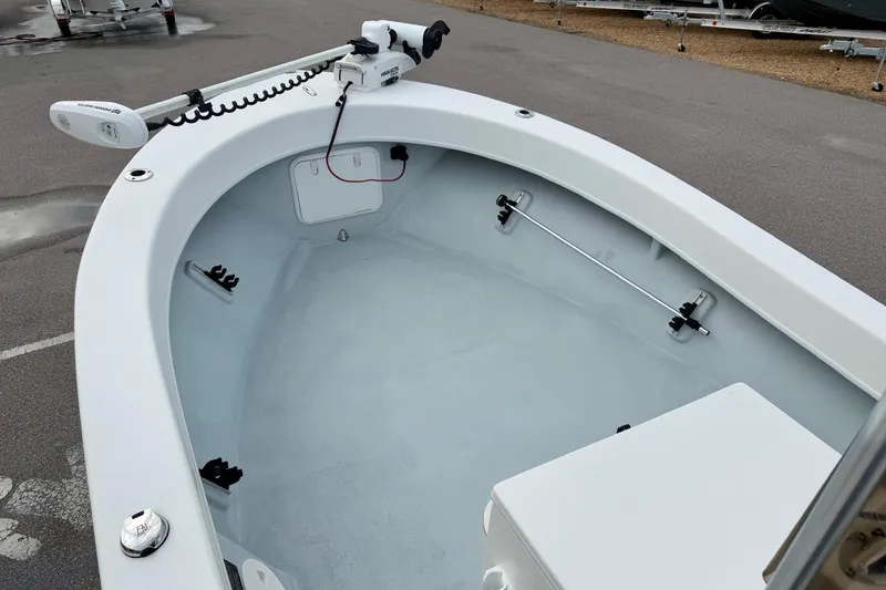 Slide: The Image of 2020 Privateer 1800 Retriever boat interior with trolling motor and spacious deck. - 9