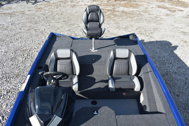 Slide: The Image of 2025 Lund 1775 Renegade SS boat interior with three black and gray seats. - 14