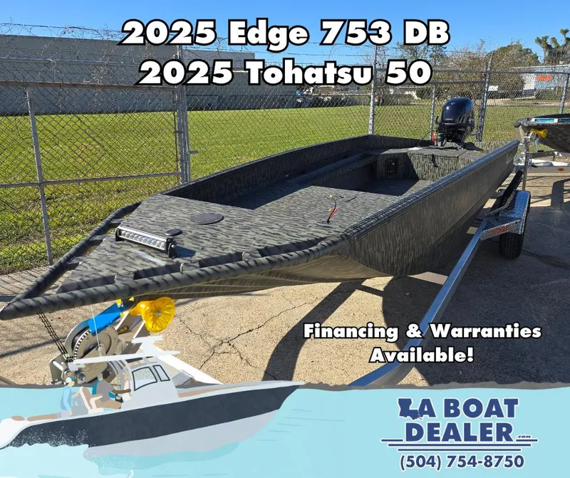 Slide: The Image of 2025 Edge Duck Boats 753 DB with Tohatsu 50, financing available at LA Boat Dealer. - 1