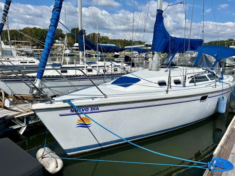 Slide: The Image of Catalina 320 sailboat docked, 2000 model, with blue covers and "Nuevo Dia" text. - 4