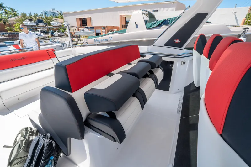 Slide: The Image of 2021 Cigarette 59 Tirranna luxury boat interior with red and black seating. - 29