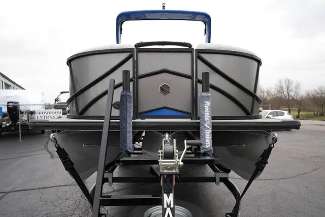 Slide: The Image of 2019 South Bay 523SB2 pontoon boat on trailer, rear view. - 2