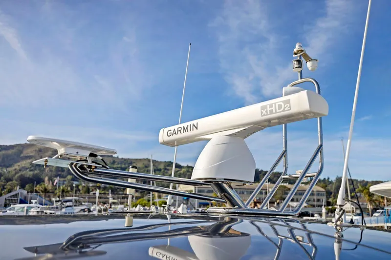 Slide: The Image of Garmin xHD2 radar on 2019 Princess V50 yacht, docked in a marina. - 13