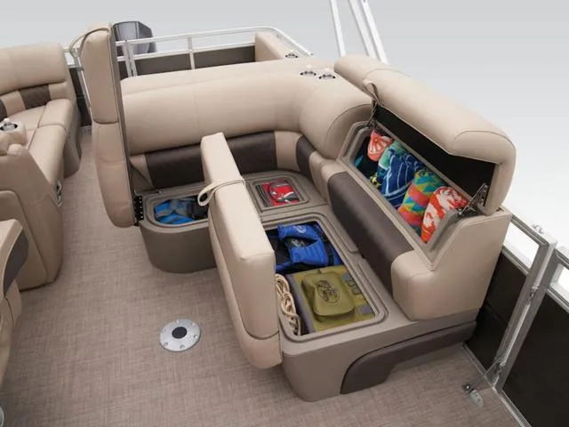 Slide: The Image of 2024 Sun Tracker PARTY BARGE® 22 RF XP3 interior storage compartments with seating. - 7