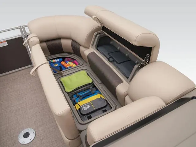Slide: The Image of 2024 Sun Tracker PARTY BARGE® 22 RF XP3 storage compartments with organized gear and accessories. - 8