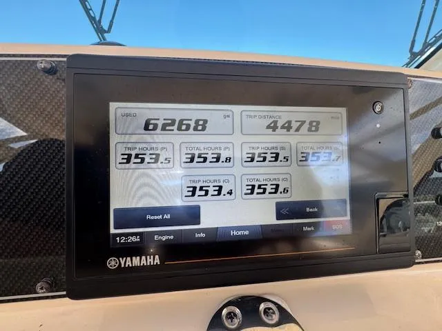 Slide: The Image of Yamaha display on 2021 Grady-White Express 370 showing trip and engine data. - 11