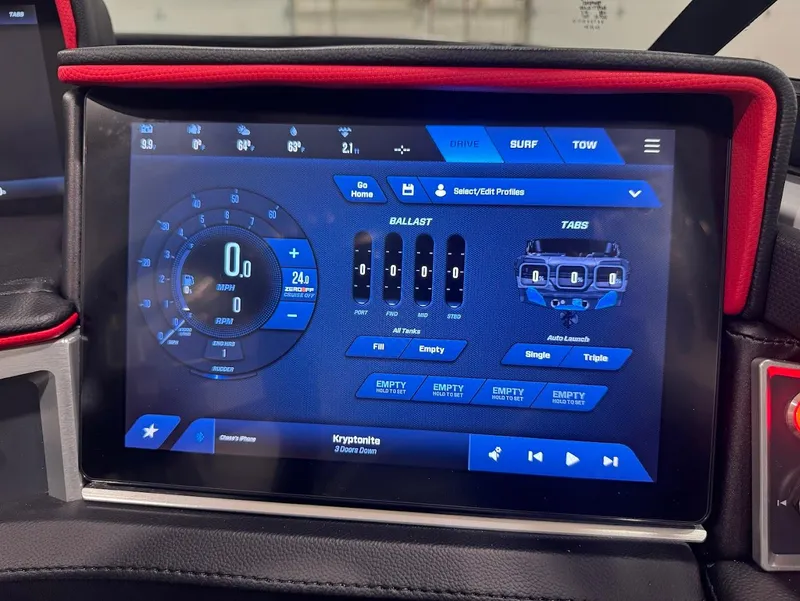 Slide: The Image of MasterCraft X24 2025 touchscreen display showing boat controls and settings. - 17