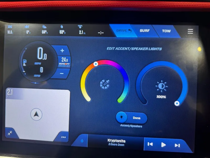 Slide: The Image of MasterCraft X24 2025 dashboard display with controls for lights and music settings. - 20