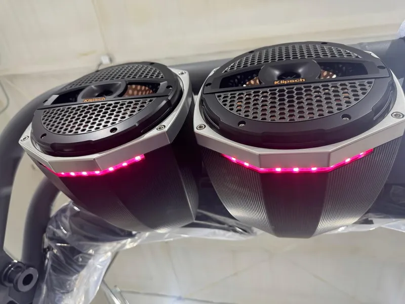 Slide: The Image of Close-up of 2025 MasterCraft X24 boat speakers with LED lights. - 21