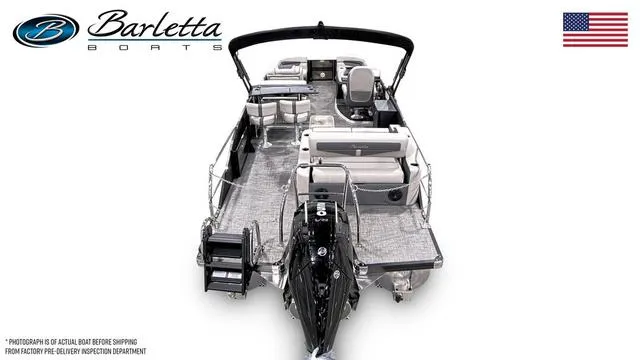 Slide: The Image of 2024 Barletta Cabrio C24UE boat, sleek design, spacious deck, luxury seating, American flag. - 4