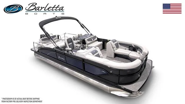 Slide: The Image of 2024 Barletta Cabrio C24UE pontoon boat with sleek design and spacious seating. - 6