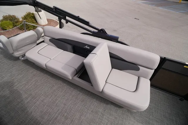 Slide: The Image of The 2025 Barletta Aria A22CC features a sleek, gray bench seat with an adjustable backrest. - 23