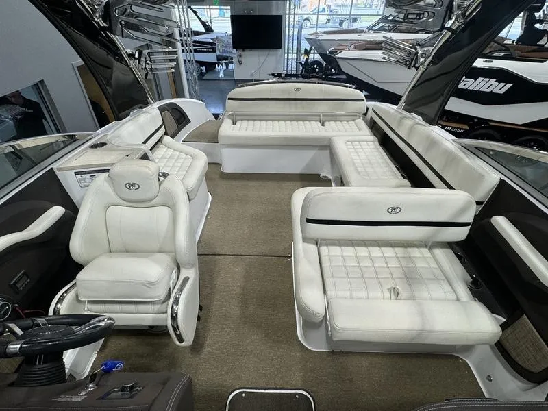 Slide: The Image of 2017 Cobalt R7WSS Surf boat interior with white leather seating and modern design. - 10