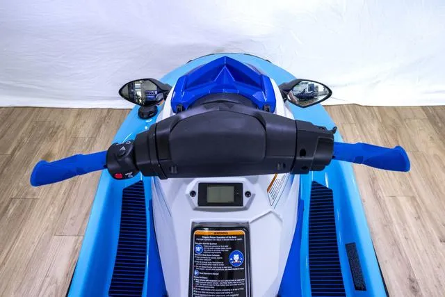 Slide: The Image of 2024 Yamaha Waverunner EX® Sport, blue handlebars, dashboard view, on wooden floor. - 14