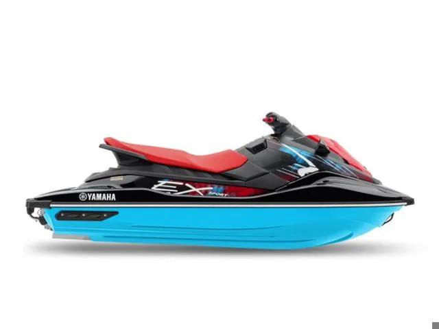 Slide: The Image of 2024 Yamaha Waverunner EX® Sport, black and blue jet ski with red seat. - 2