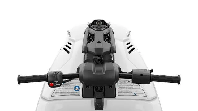 Slide: The Image of 2025 Yamaha Waverunner Superjet handlebars and controls, sleek design, top view. - 3