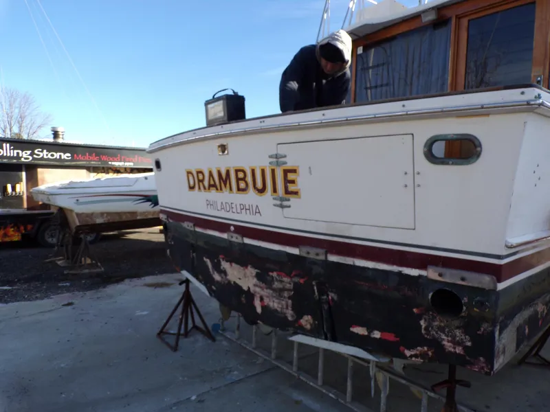 Slide: The Image of 1986 Jersey Dawn 40 boat named Drambuie, Philadelphia, on stands for maintenance. - 3