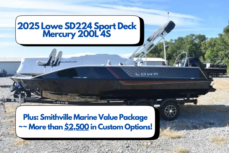 Slide: The Image of 2025 Lowe SD224 Sport Deck boat with Mercury 200L 4S engine, Smithville Marine package. - 0