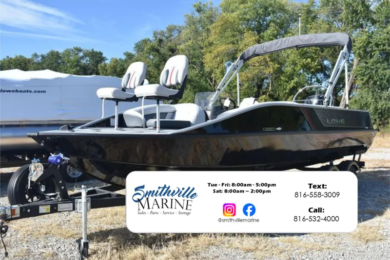 Slide: The Image of 2025 Lowe SD224 Sport Deck boat on trailer at Smithville Marine dealership. - 1
