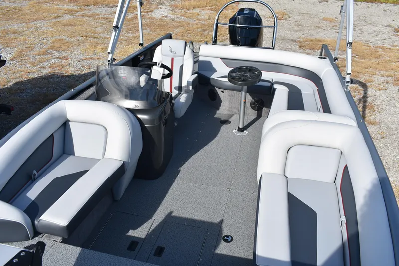 Slide: The Image of 2025 Lowe SD224 Sport Deck boat with spacious seating and modern design. - 9