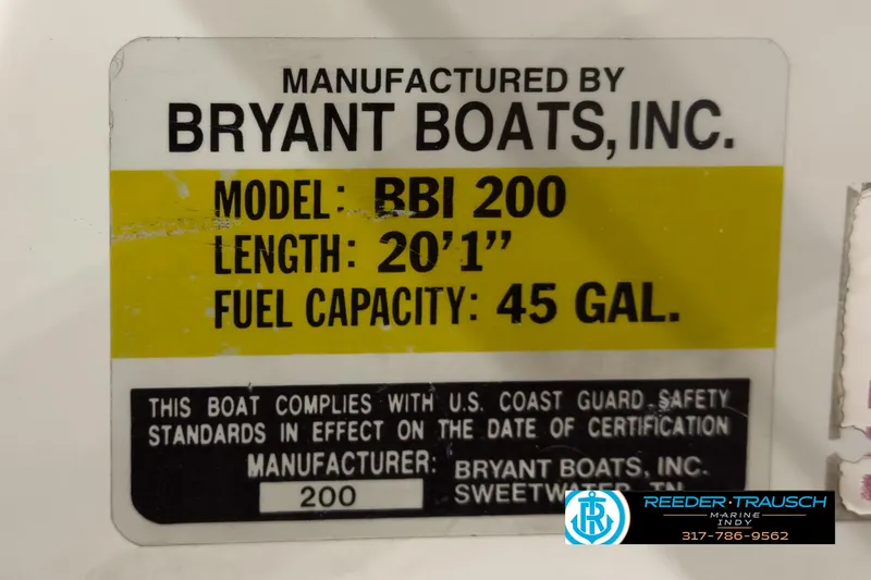 Slide: The Image of Label for 1993 Bryant 200 boat, 20'1" length, 45-gallon fuel capacity. - 39