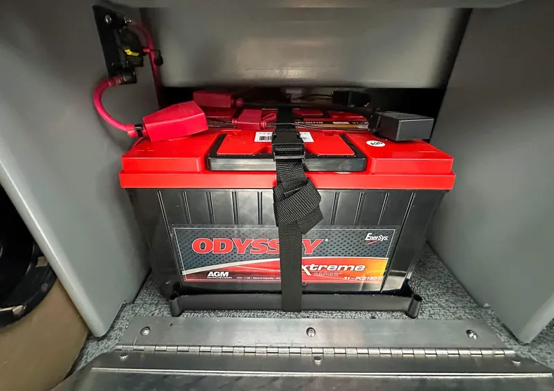 Slide: The Image of Odyssey Extreme battery in 2017 Hewescraft 160 Sportsman boat compartment. - 7