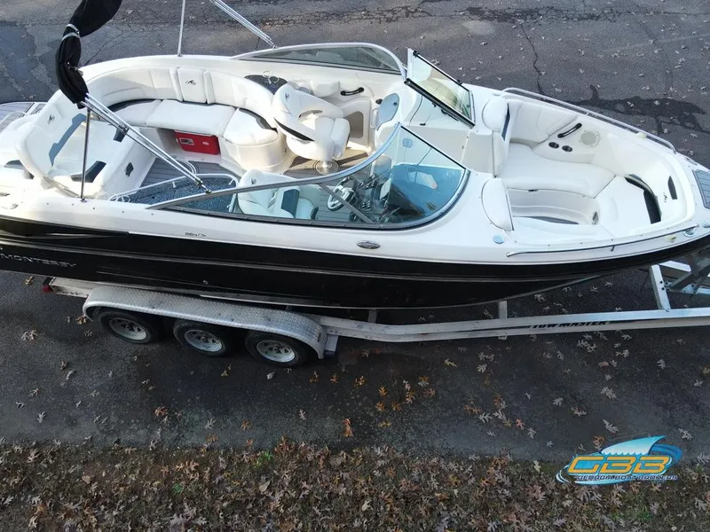 Slide: The Image of 2013 Monterey 264FS boat on trailer, black and white exterior, spacious seating. - 6