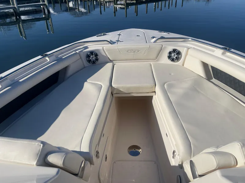 Slide: The Image of 2025 Grady-White Freedom 345 boat interior with spacious seating and sleek design. - 17