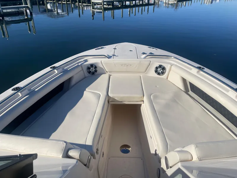Slide: The Image of 2025 Grady-White Freedom 345 boat interior with spacious seating and sleek design. - 18