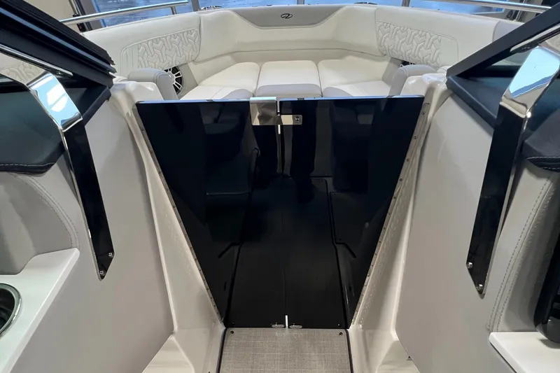 Slide: The Image of 2025 Regal LS4 boat interior with sleek black door and white seating. - 20