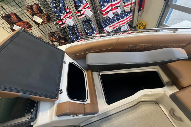 Slide: The Image of 2025 Regal LS4 boat interior with open storage compartments and American flag-themed items. - 20