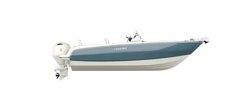 The Image of 2024 Capoforte SX200 boat, side view, sleek design, blue and white color scheme. - 1