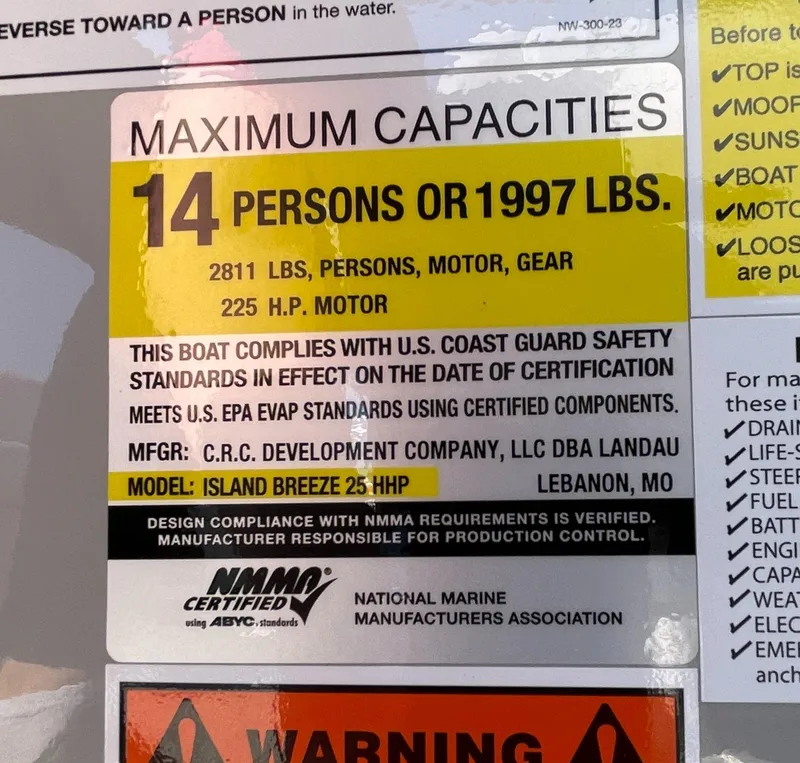 Slide: The Image of Capacity label for 2025 Landau Island Breeze 25, 14 persons or 1997 lbs, 225HP Suzuki engine. - 16