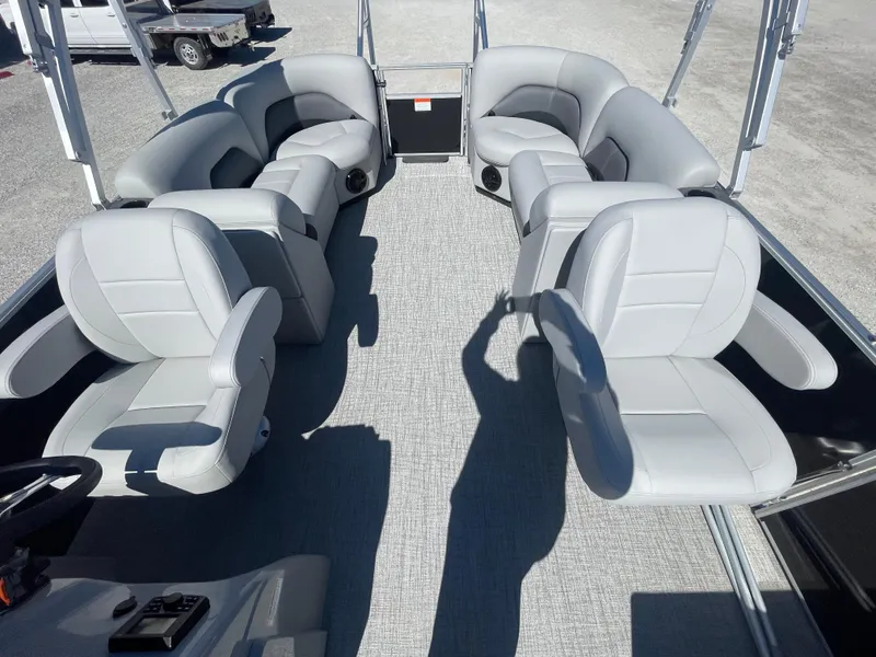 Slide: The Image of 2025 Landau Island Breeze 25 pontoon boat with spacious seating and modern design. - 8