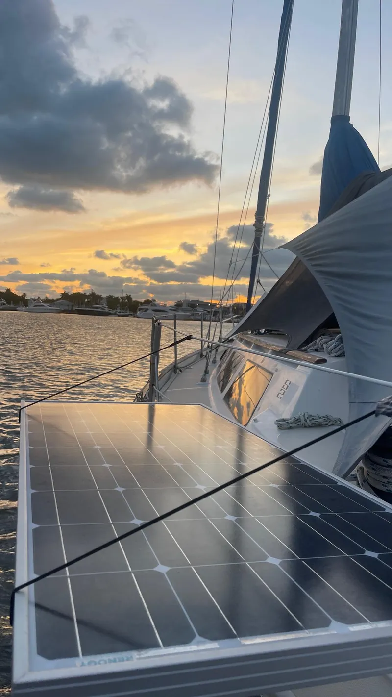 Slide: The Image of S2 11.0A sailboat with solar panel at sunset, 1985 model. - 6