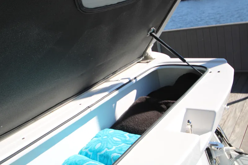Slide: The Image of Open storage compartment on 2022 Regal 28 Express boat with cushions inside. - 10