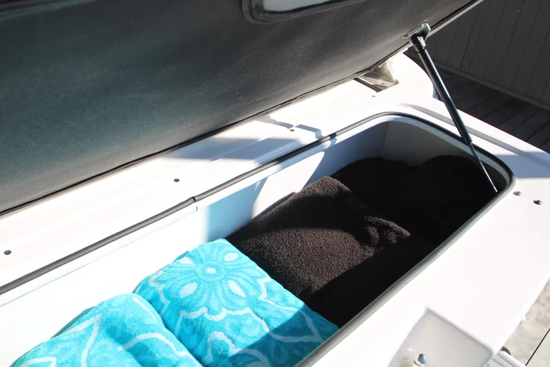 Slide: The Image of Open storage compartment on 2022 Regal 28 Express boat with towels inside. - 11