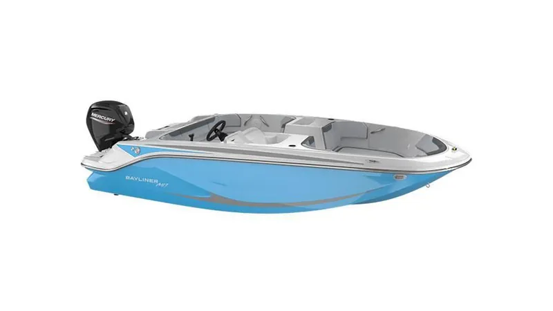 The Image of 2025 Bayliner M17 boat, blue and white design, side view. - 1