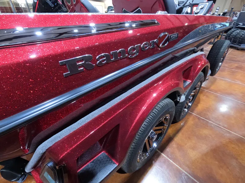 Slide: The Image of 2025 Ranger Z521 boat with sparkling red finish and sleek design on display. - 1