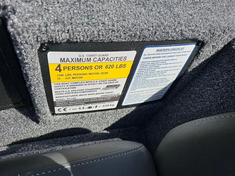 Slide: The Image of Capacity label on 2025 Ranger RT178C boat, showing limits for persons and weight. - 21