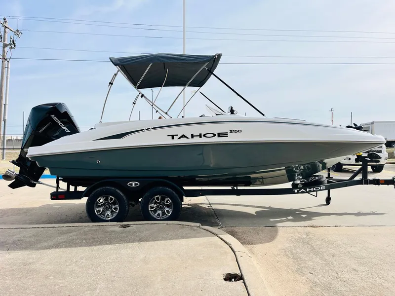 Slide: The Image of 2025 Tahoe 2150 boat on trailer, sleek design, black and white color scheme. - 5
