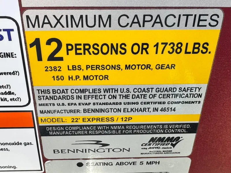Slide: The Image of 2021 Bennington 23 LS RSD capacity label, 12 persons or 1738 lbs, 150 HP motor. - 24