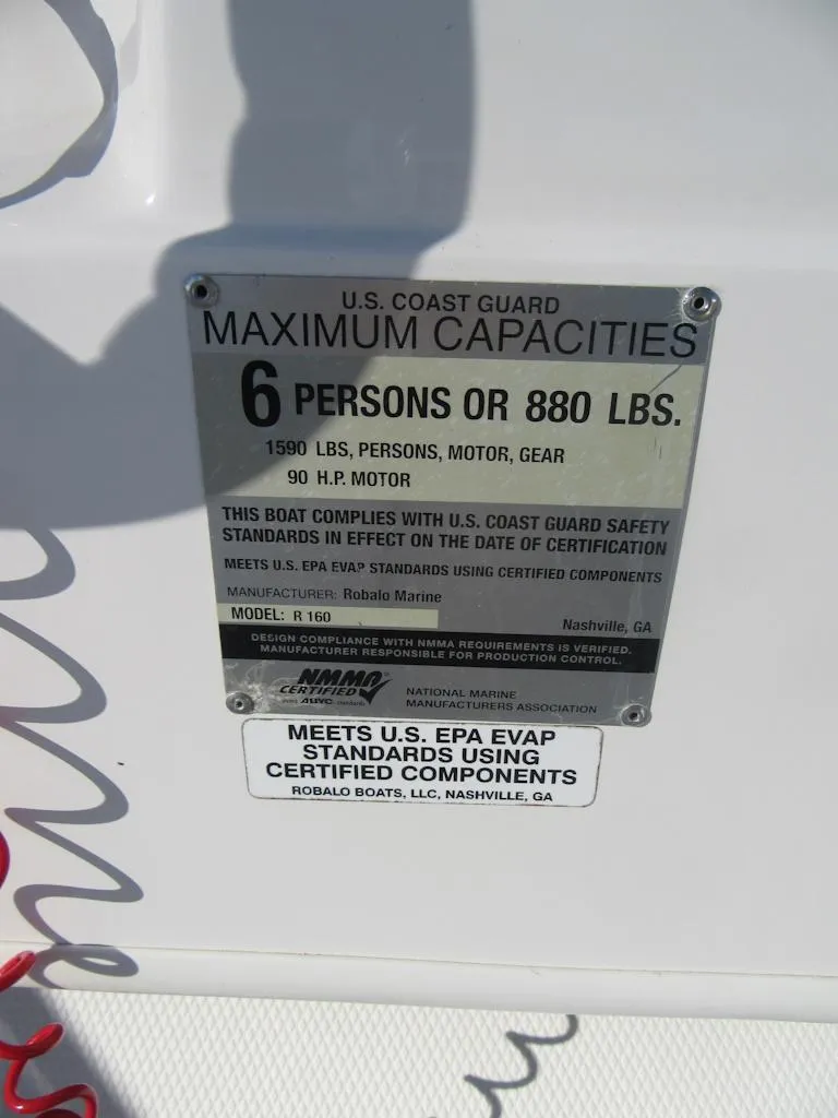 Slide: The Image of Capacity plate on 2016 Robalo R160 Center Console, 6 persons or 880 lbs. - 15
