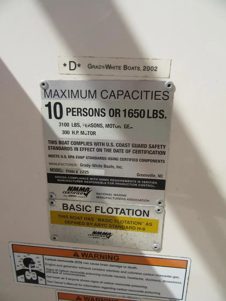 Slide: The Image of Grady-White 225 Freedom 2017 capacity and safety information plate. - 26