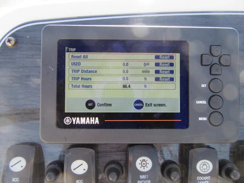 Slide: The Image of Yamaha boat control panel displaying trip data for Grady-White 225 Freedom, 2017 model. - 28