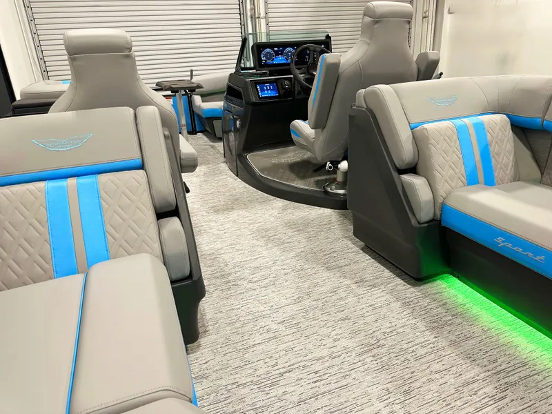 Slide: The Image of 2025 Bennington 22 MFBSE interior with modern seating and illuminated accents. - 8