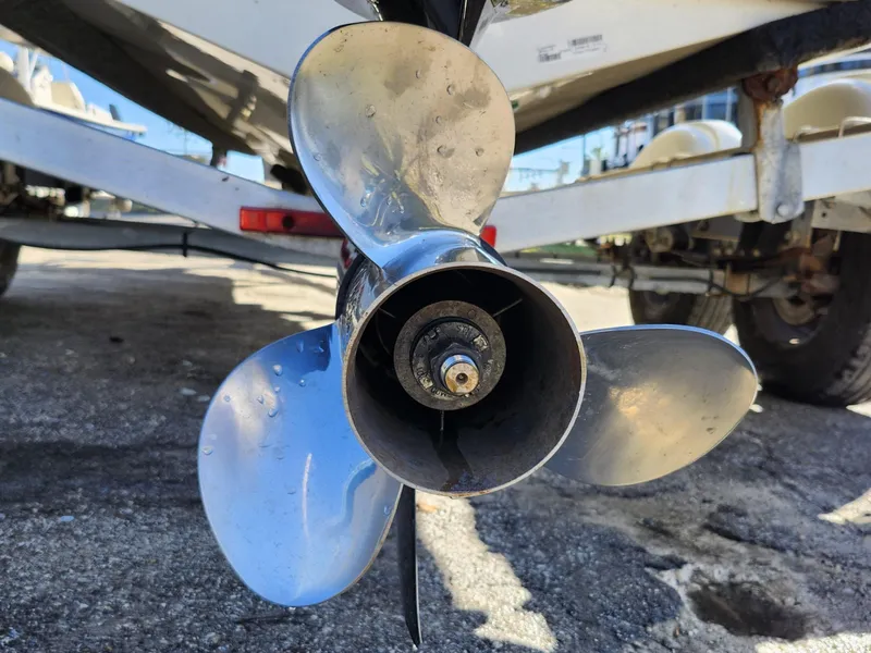 Slide: The Image of Close-up of a 2019 Mako 184 CC boat propeller on a trailer. - 28